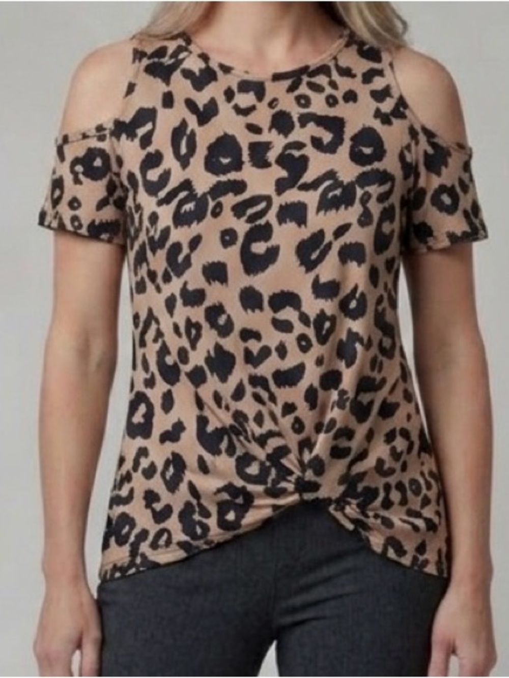 Women’s Taupe Leopard Print Cold-Shoulder Top